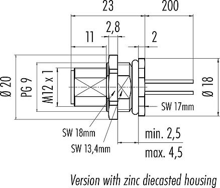 Dibujo a escala M12 Enchufe de brida, Número de contactos: 5, sin blindaje, hilos, IP68, UL 2238, PG 9, Montaje en pared