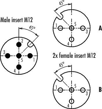 Contact arrangement (Plug-in side) M12 Twin distributors Y-distributor, male connector - 2 female connector, Contacts: 5/4, unshielded, pluggable, IP68, UL 2238