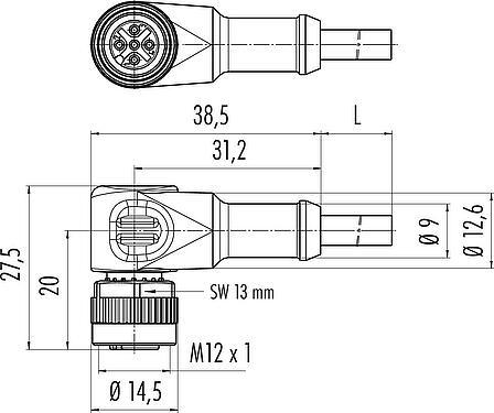 Dibujo a escala M12 Conector hembra en ángulo, Número de contactos: 5, sin blindaje, moldeado en el cable, IP68/IP69K, UL 2238, PVC, gris, 5 x 0,34 mm², 5 m