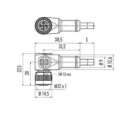 Scale drawing M12 Female angled connector, Contacts: 4, unshielded, moulded on the cable, IP68/IP69K, UL 2238, PVC, grey, 4 x 0.34 mm², 5 m