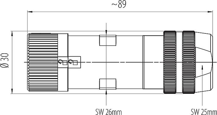 Dibujo a escala Bayoneta Conector de cable hembra, Número de contactos: 6 (3+PE+2), 7,0-14,0 mm, blindable, tornillo extraíble, IP67 enchufado y bloqueado, UL 2237