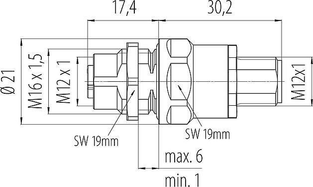 Dibujo a escala M12 Casquillo del armario de distribución, Número de contactos: 4+PE, blindado, enchufable, IP67, UL 2238, M12x1,0, Montaje en pared