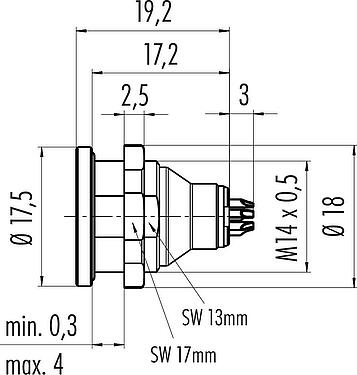 Dibujo a escala Push Pull Toma de brida, Número de contactos: 3, sin blindaje, soldadura, IP67, M14x0,5, Montaje frontal
