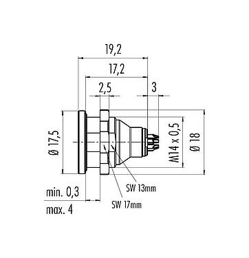 Scale drawing Push Pull Female panel mount connector, Contacts: 3, shieldable, solder, IP67, M14x0,5, Front mounting