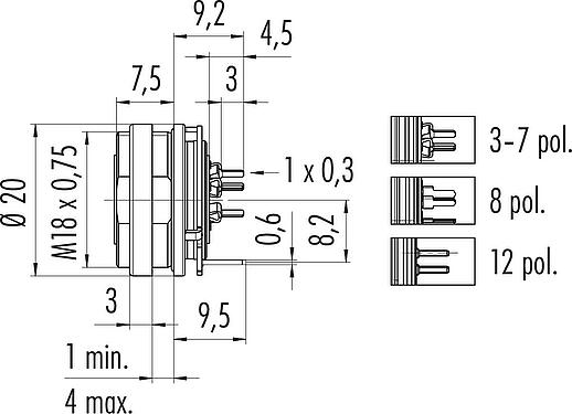 Scale drawing M16 Female panel mount connector, Contacts: 12 (12-a), shieldable, THT, IP67, UL 2238, M18x0,75, Rear mounting