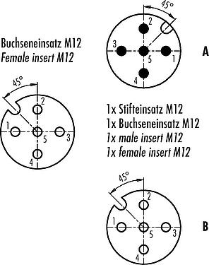 Contact arrangement (Plug-in side) M12 Twin distributors Y-distributor, male connector - 2 female connector, Contacts: 5, unshielded, pluggable, IP68, UL 2238