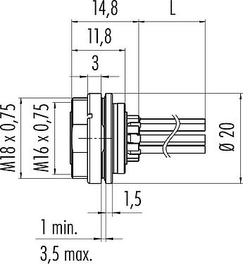 Scale drawing M16 Female panel mount connector, Contacts: 5 (05-a), unshielded, single wires, IP67, UL 2238, M18x0,75, Rear mounting