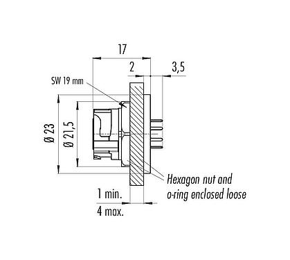 Scale drawing Bayonet Female panel mount connector, Contacts: 8, unshielded, THT, IP67 (when unplugged as well), M13x1,0, Rear mounting