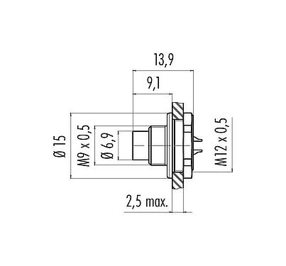 Dessin coté M9 Embase mâle, Contacts: 5, non blindé, souder, IP67, M12x0,5, Montage frontal, coulé
