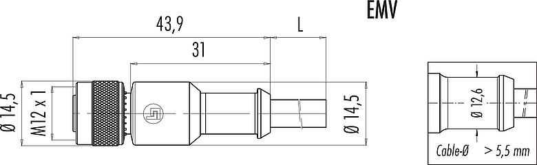 Dessin coté M12 Connecteur femelle, Contacts: 5, blindé, surmoulé sur le câble, IP67, UL 2238, PVC, gris, 5 x 0,25 mm², 10 m