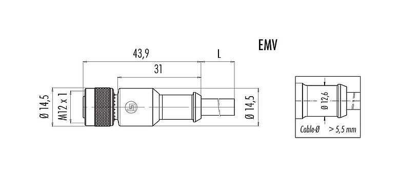 Scale drawing M12 Female cable connector, Contacts: 5, shielded, moulded on the cable, IP67, UL 2238, PVC, grey, 5 x 0.25 mm², 2 m