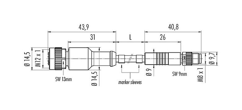 Scale drawing M12/M8 Male cable connector - female cable connector, Contacts: 4, unshielded, moulded on the cable, IP67/IP69K, UL 2238, PVC, grey, 4 x 0.34 mm², 2 m