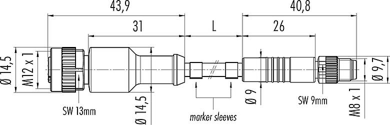 Scale drawing M12/M8 Male cable connector - female cable connector, Contacts: 3, unshielded, moulded on the cable, IP67/IP69K, UL 2238, PVC, grey, 3 x 0.34 mm², 0.3 m