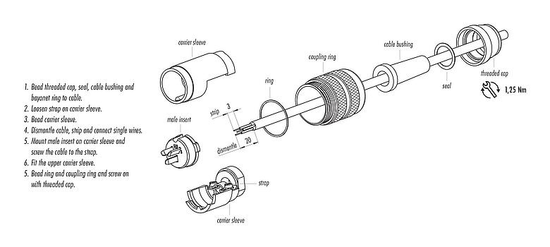 Assembly instructions M25 Male cable connector, Contacts: 3, 5.0-8.0 mm, shieldable, solder, IP40