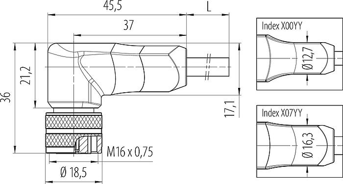 Dibujo a escala M16 Conector hembra en ángulo, Número de contactos: 7 (07-b), blindado, moldeado en el cable, IP67, PUR, negro, 7 x 0,25 mm², 5 m