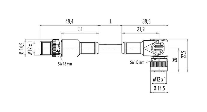 Scale drawing M12 Connecting cable male cable connector - female angled connector with LED, Contacts: 3, unshielded, moulded on the cable, IP68/IP69K, PUR, black, 3 x 0.34 mm², with LED PNP closer, 2 m