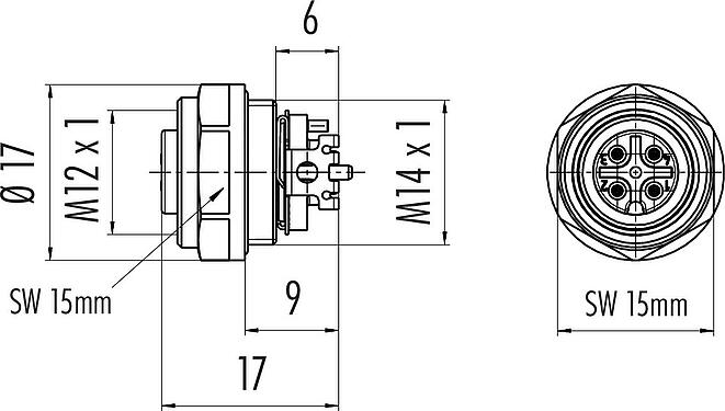 Dibujo a escala M12 Toma de brida, Número de contactos: 4, blindable, SMT, IP67, M14x1,0, Montaje frontal