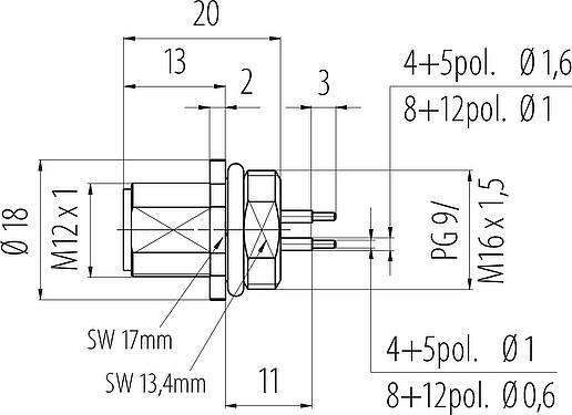 Dibujo a escala M12 Enchufe de brida, Número de contactos: 5, sin blindaje, THT, IP68, UL 2238, PG 9, Montaje frontal