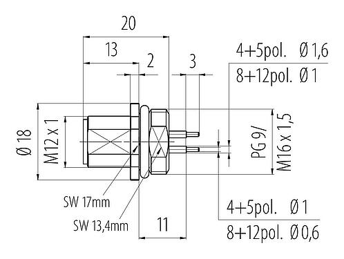 Dessin coté M12 Embase mâle, Contacts: 4, non blindé, THT, IP68, UL 2238, PG 9, Montage frontal
