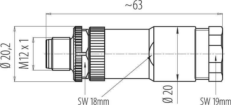 Scale drawing M12 Male cable duo connector, Contacts: 8, 2.1-3.0 mm (2 cable) or 4-5 mm (2 cable), unshielded, screw clamp, IP67, UL 2238