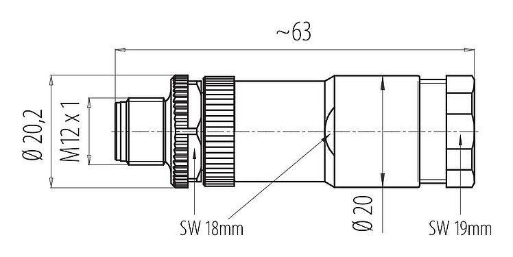 Scale drawing M12 Male cable duo connector, Contacts: 4, 2.1-3.0 mm (2 cable) or 4-5 mm (2 cable), unshielded, screw clamp, IP67, UL 2238