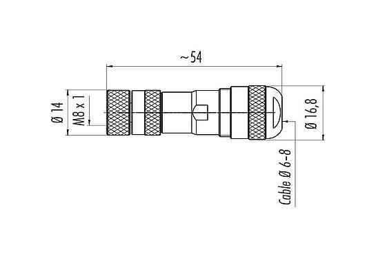Dessin coté M8 Connecteur femelle, Contacts: 3, 6,0-8,0 mm, blindable, pince à visser, IP67, UL 2238, avec anneau de protection
