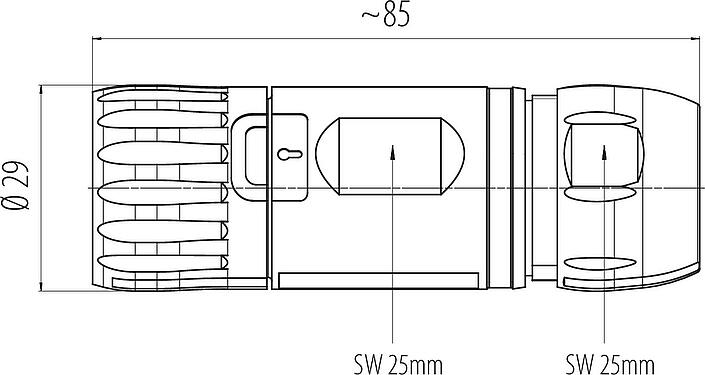 Scale drawing B23 Female cable connector, Contacts: 9 (4+PE + 4), 8,0-17,0 mm, screw clamp, IP67, ENP: Power pin / Data socket
