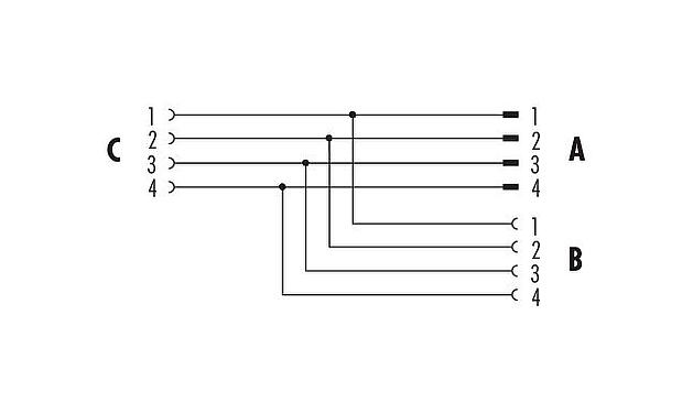 Pin assignment plans M12 Twin distributors Y-distributor, male connector - 2 female connector, Contacts: 4, unshielded, pluggable, IP68, UL 2238