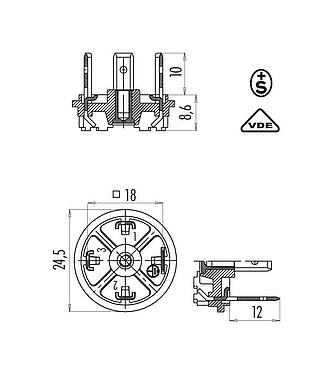 Dibujo a escala Conector de alimentación macho, Número de contactos: 3+PE, sin blindaje, soldadura, IP40 sin junta, VDE, ESTI+