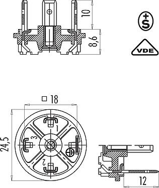 Scale drawing Male power connector, Contacts: 3+PE, unshielded, solder, IP40 without seal, VDE, ESTI+