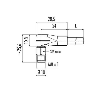 Dessin coté M8 Connecteur mâle coudé, Contacts: 4, non blindé, surmoulé sur le câble, IP67/IP69K, UL 2238, PUR, noir, 4 x 0,34 mm², Acier inoxydable, 5 m
