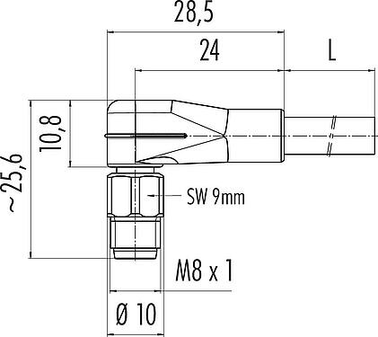 Scale drawing M8 Male angled connector, Contacts: 3, unshielded, moulded on the cable, IP67/IP69K, UL 2238, PVC, grey, 3 x 0.34 mm², stainless steel, 10 m