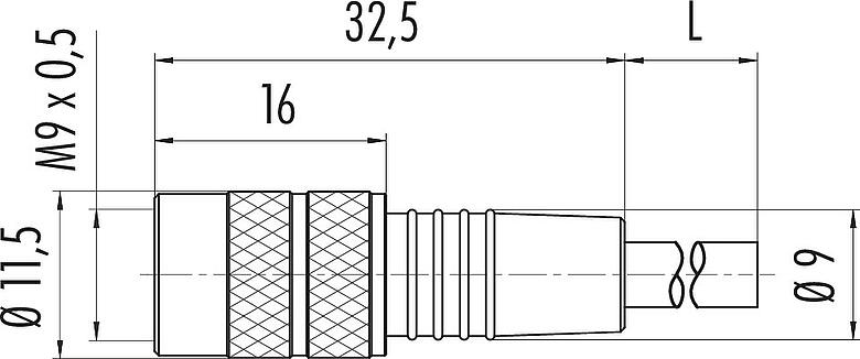 Dessin coté M9 Connecteur femelle, Contacts: 3, non blindé, surmoulé sur le câble, IP67, PUR, noir, 3 x 0,25 mm², 2 m