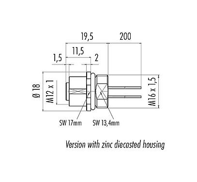 Scale drawing M12 Female panel mount connector, Contacts: 8, unshielded, single wires, IP68, UL 2238, M16x1.5, Front mounting