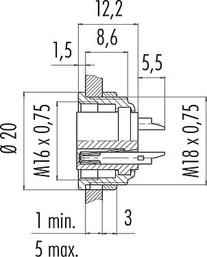 Dessin coté M16 Embase femelle, Contacts: 6 (06-a), non blindé, souder, IP40, M18x0,75, Montage frontal