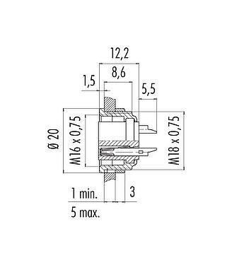 Dessin coté M16 Embase femelle, Contacts: 2 (02-a), non blindé, souder, IP40, M18x0,75, Montage frontal
