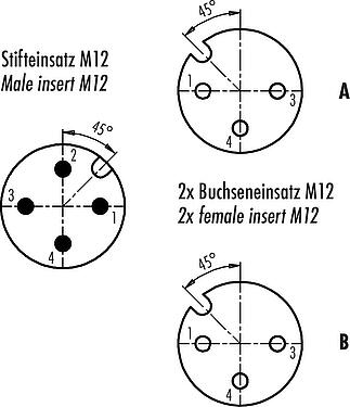 Contact arrangement (Plug-in side) M12 Twin distributors Y-distributor, male connector - 2 female connector, Contacts: 4/3, unshielded, pluggable, IP68, UL 2238, with LED PNP closer