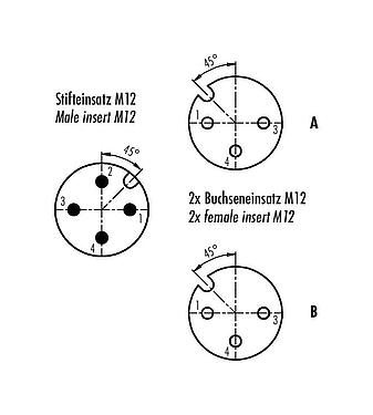 Contact arrangement (Plug-in side) M12 Twin distributors Y-distributor, male connector - 2 female connector, Contacts: 4/3, unshielded, pluggable, IP68, UL 2238, with LED PNP closer