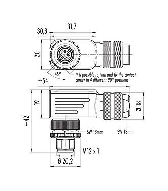Dessin coté M12 Connecteur mâle coudé, Contacts: 4, 4,0-6,0 mm, blindable, pince à visser, IP67, UL 2238, avec anneau de protection