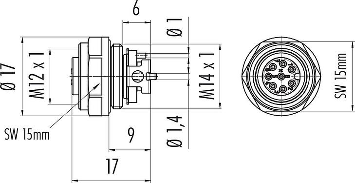 Dibujo a escala M12 Toma de brida, Número de contactos: 8, sin blindaje, SMT, IP67, M14x1,0, Montaje frontal