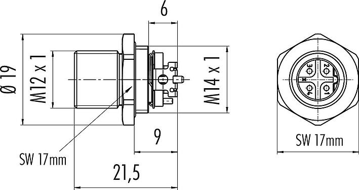 Dibujo a escala M12 Enchufe de brida, Número de contactos: 4, blindable, SMT, IP67, M14x1,0, Montaje en pared