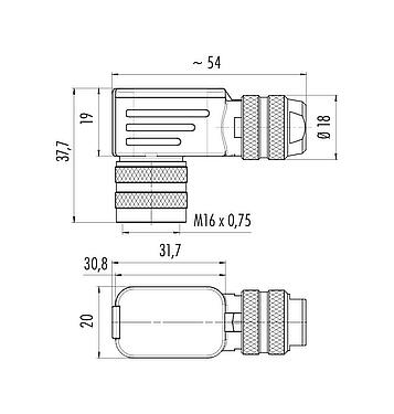 Dessin coté M16 Connecteur femelle coudé, Contacts: 6 (06-a), 4,0-6,0 mm, blindable, sertir (Les contacts à sertir doivent être commandés séparément), IP67, UL 2238