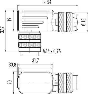 Scale drawing M16 Female angled connector, Contacts: 4 (04-a), 4.0-6.0 mm, shieldable, crimping (Crimp contacts must be ordered separately), IP67, UL 2238
