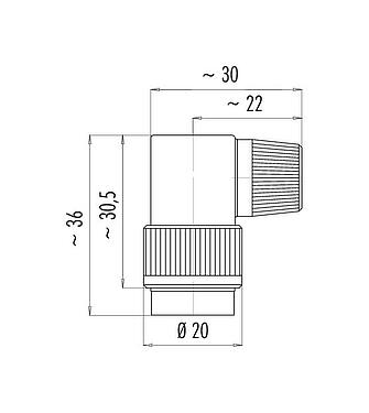 Scale drawing Bayonet Female angled connector, Contacts: 6, 6.0-8.0 mm, unshielded, solder, IP40