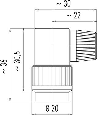Dibujo a escala Bayoneta Conector hembra en ángulo, Número de contactos: 2, 6,0-8,0 mm, sin blindaje, soldadura, IP40