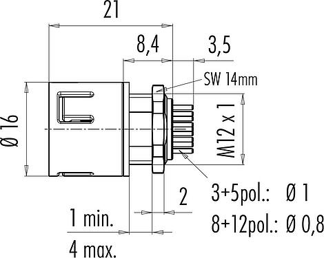 Dessin coté Snap-In Embase mâle, Contacts: 3, non blindé, THT, IP67, VDE, M12x1,0, Montage frontal