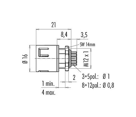 Scale drawing Snap-In Male panel mount connector, Contacts: 3, unshielded, THT, IP67, VDE, M12x1.0, Front mounting