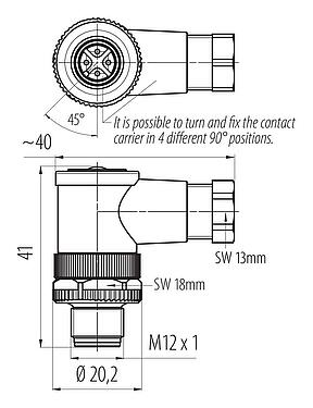 Dessin coté M12 Connecteur mâle coudé, Contacts: 3, 4,0-6,0 mm, non blindé, pince à visser, IP67, UL 2238