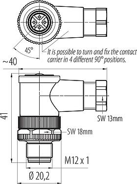 Scale drawing M12 Male angled connector, Contacts: 4, 4.0-6.0 mm, unshielded, screw clamp, IP67, UL