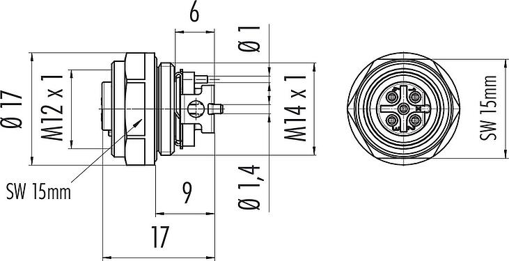 Dibujo a escala M12 Toma de brida, Número de contactos: 5, blindable, SMT, IP67, M14x1,0, Montaje frontal